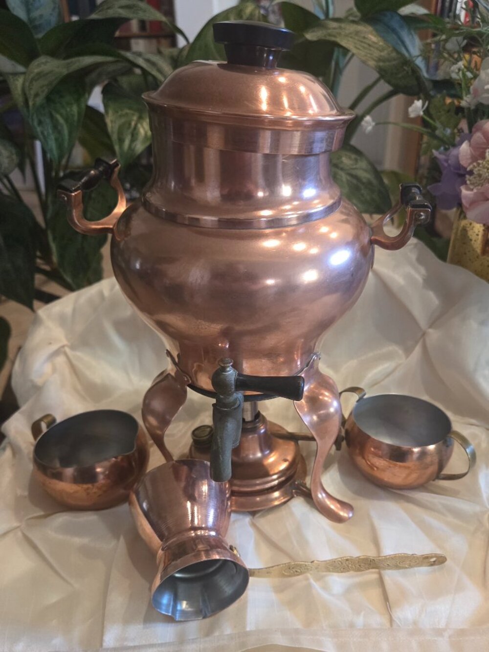 1914 Manning Bowman Copper Samovar Set: Percolator, Creamer, Sugar Bowl, Ibrik